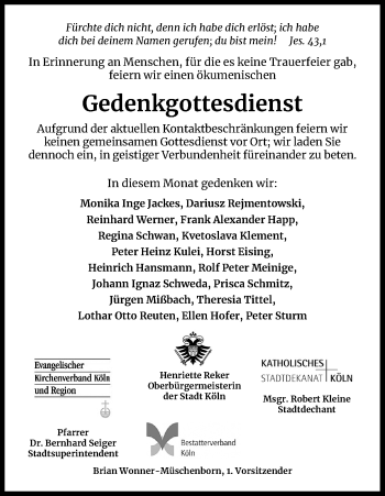 Anzeige von In Gedenken  von Kölner Stadt-Anzeiger / Kölnische Rundschau / Express