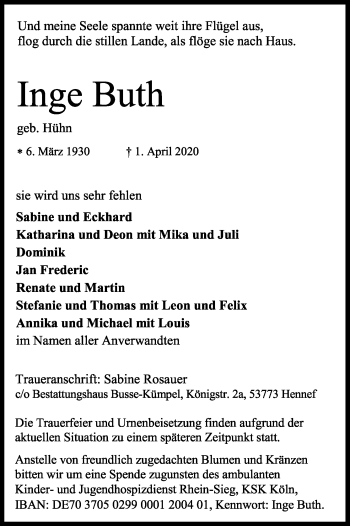 Anzeige von Inge Buth von Kölner Stadt-Anzeiger / Kölnische Rundschau / Express