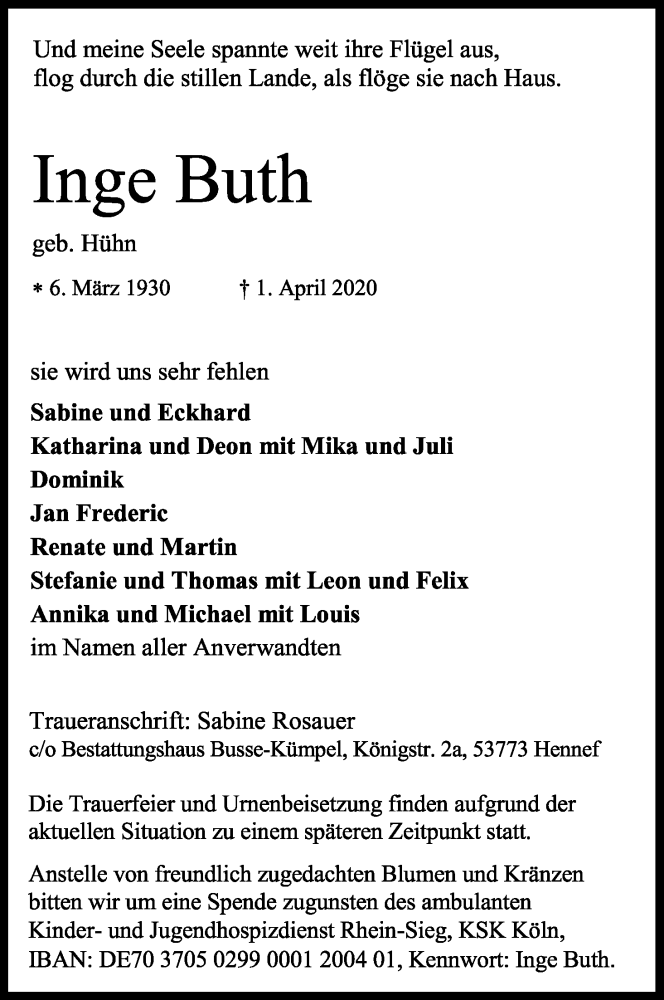  Traueranzeige für Inge Buth vom 04.04.2020 aus Kölner Stadt-Anzeiger / Kölnische Rundschau / Express