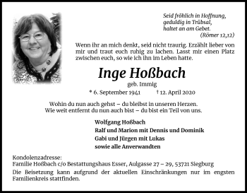 Anzeige von Inge Hoßbach von Kölner Stadt-Anzeiger / Kölnische Rundschau / Express