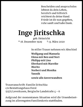 Anzeige von Inge Jiritschka von Kölner Stadt-Anzeiger / Kölnische Rundschau / Express
