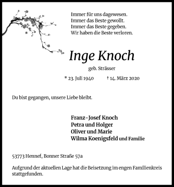 Anzeige von Inge Knoch von Kölner Stadt-Anzeiger / Kölnische Rundschau / Express