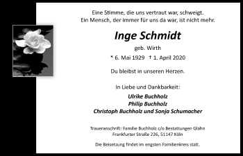 Anzeige von Inge Schmidt von  Kölner Wochenspiegel 
