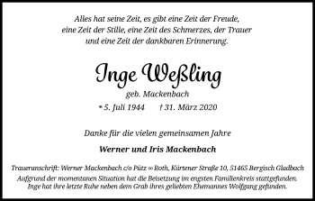 Anzeige von Inge Weßling von Kölner Stadt-Anzeiger / Kölnische Rundschau / Express