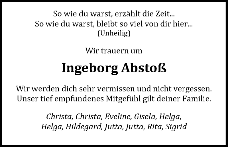  Traueranzeige für Ingeborg Abstoß vom 18.04.2020 aus Kölner Stadt-Anzeiger / Kölnische Rundschau / Express