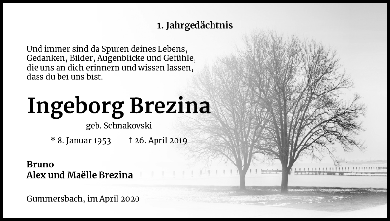  Traueranzeige für Ingeborg Brezina vom 25.04.2020 aus Kölner Stadt-Anzeiger / Kölnische Rundschau / Express