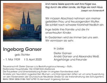 Anzeige von Ingeborg Ganser von Kölner Stadt-Anzeiger / Kölnische Rundschau / Express
