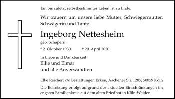Anzeige von Ingeborg Nettesheim von Kölner Stadt-Anzeiger / Kölnische Rundschau / Express