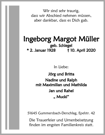 Anzeige von Ingeborg Margot Müller von Kölner Stadt-Anzeiger / Kölnische Rundschau / Express