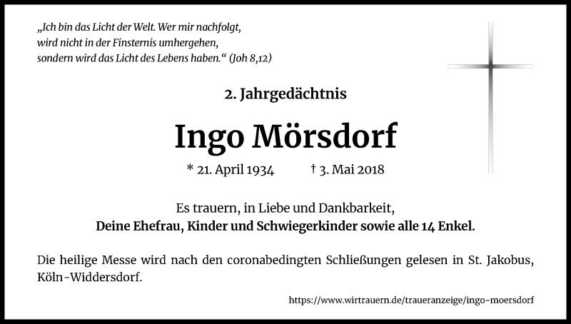  Traueranzeige für Ingo, Elfriede & Monika Mörsdorf vom 25.04.2020 aus Kölner Stadt-Anzeiger / Kölnische Rundschau / Express