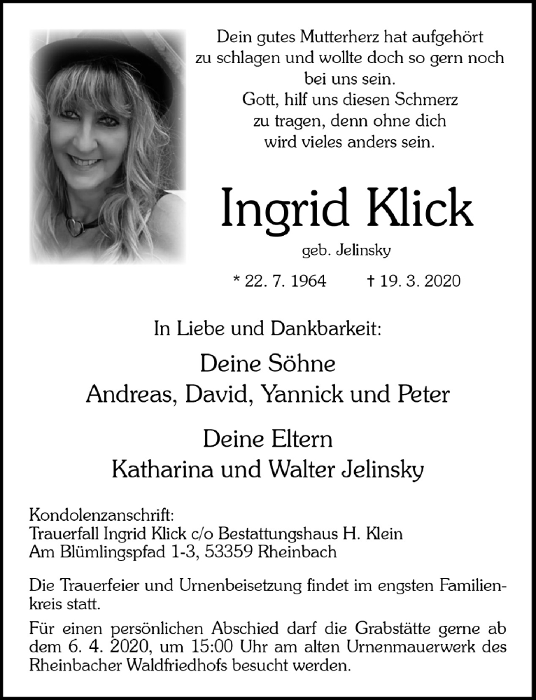  Traueranzeige für Ingrid Klick vom 03.04.2020 aus  Schaufenster/Blickpunkt 