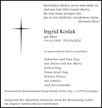 Anzeige von Ingrid Koslak von Kölner Stadt-Anzeiger / Kölnische Rundschau / Express