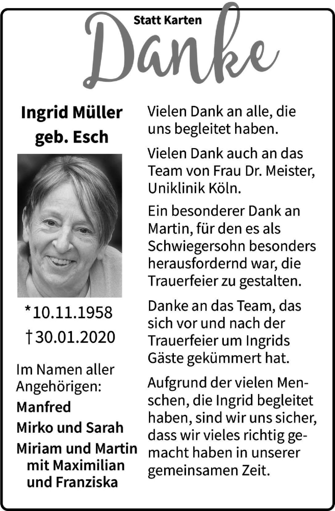  Traueranzeige für Ingrid Müller vom 24.04.2020 aus  Anzeigen Echo 