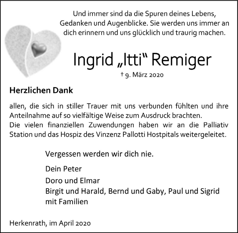  Traueranzeige für Ingrid Remiger vom 24.04.2020 aus  Bergisches Handelsblatt 