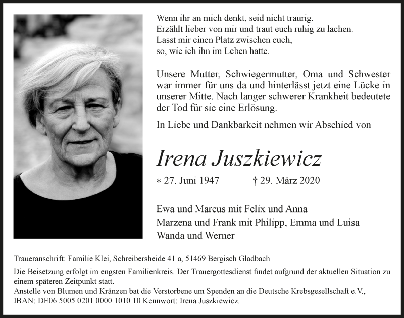  Traueranzeige für Irena Juszkiewicz vom 03.04.2020 aus  Bergisches Handelsblatt 
