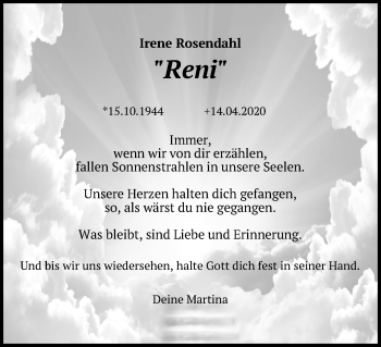 Anzeige von Irene Rosendahl von Kölner Stadt-Anzeiger / Kölnische Rundschau / Express