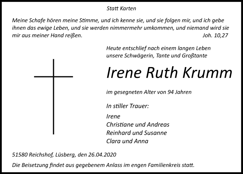  Traueranzeige für Irene Ruth Krumm vom 30.04.2020 aus  Lokalanzeiger 