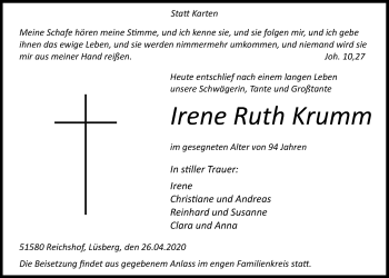 Anzeige von Irene Ruth Krumm von  Lokalanzeiger 