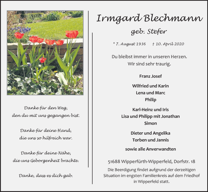  Traueranzeige für Irmgard Blechmann vom 15.04.2020 aus Kölner Stadt-Anzeiger / Kölnische Rundschau / Express