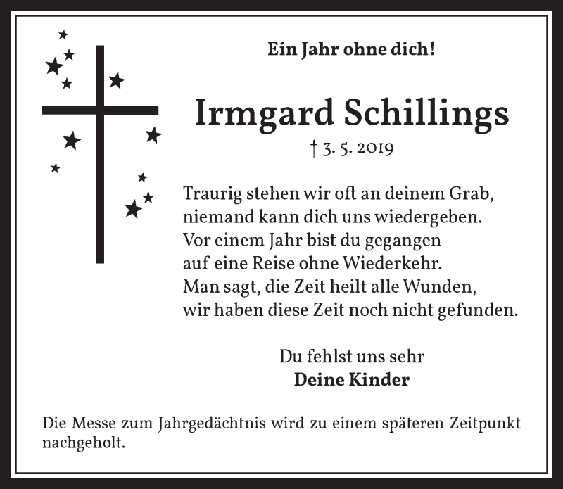  Traueranzeige für Irmgard Schillings vom 30.04.2020 aus  Werbepost 