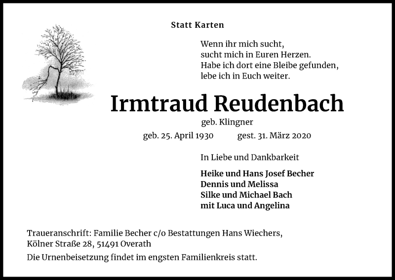  Traueranzeige für Irmtraud Reudenbach vom 04.04.2020 aus Kölner Stadt-Anzeiger / Kölnische Rundschau / Express