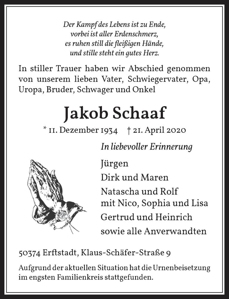  Traueranzeige für Jakob Schaaf vom 30.04.2020 aus  Werbepost 