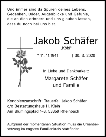Anzeige von Jakob Schäfer von Kölner Stadt-Anzeiger / Kölnische Rundschau / Express