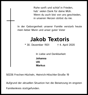 Anzeige von Jakob Textoris von Kölner Stadt-Anzeiger / Kölnische Rundschau / Express