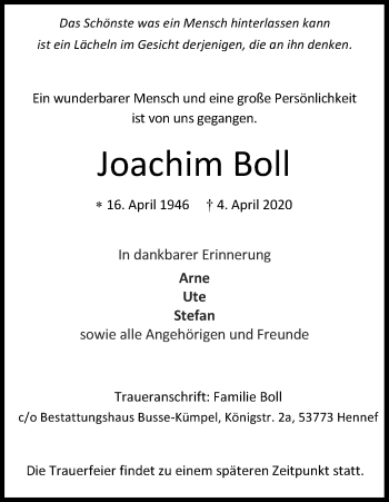 Anzeige von Joachim Boll von Kölner Stadt-Anzeiger / Kölnische Rundschau / Express