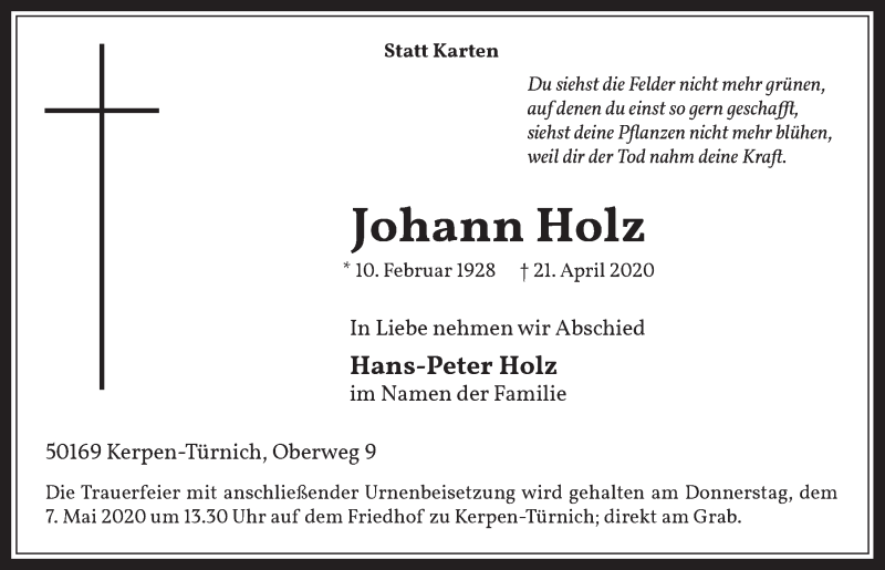  Traueranzeige für Johann Holz vom 30.04.2020 aus  Werbepost 