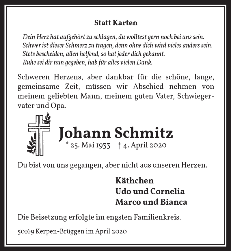  Traueranzeige für Johann Schmitz vom 24.04.2020 aus  Werbepost 