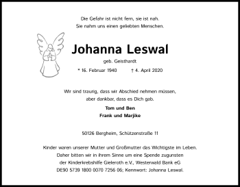 Anzeige von Johanna Leswal von Kölner Stadt-Anzeiger / Kölnische Rundschau / Express