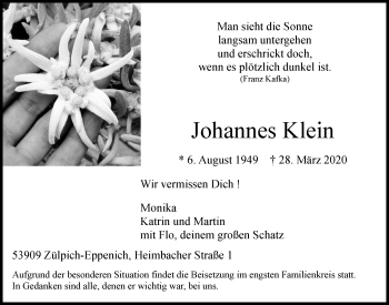 Anzeige von Johannes Klein von  Blickpunkt Euskirchen 