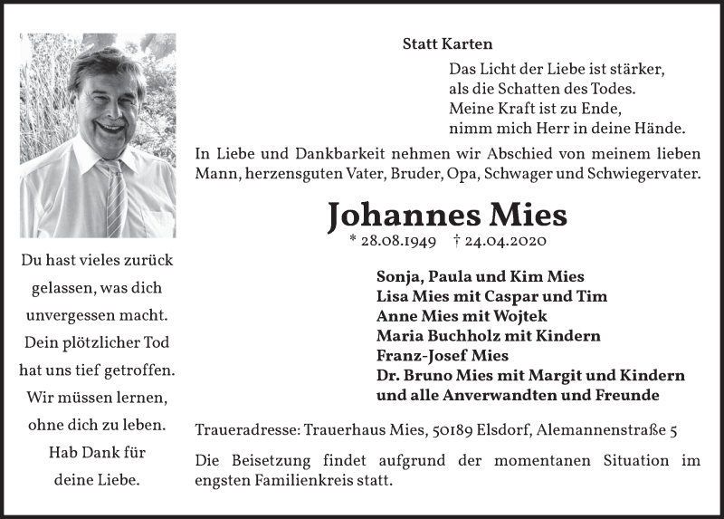  Traueranzeige für Johannes Mies vom 30.04.2020 aus  Werbepost 