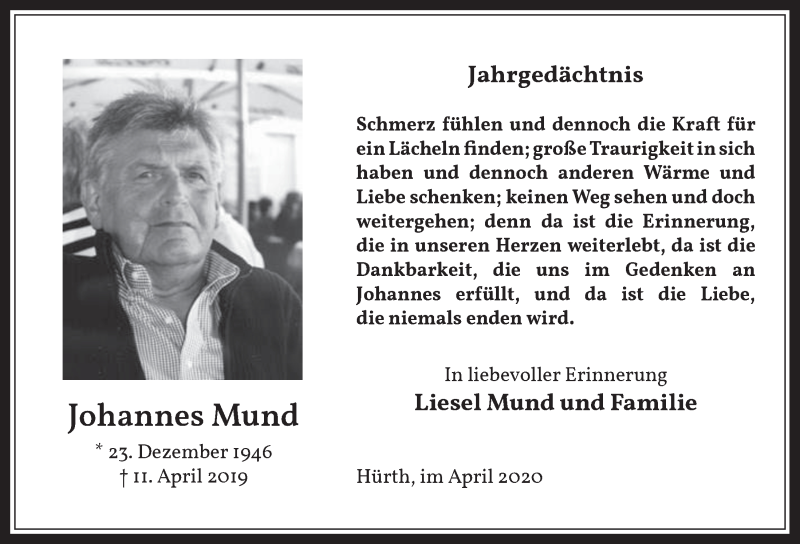  Traueranzeige für Johannes Mund vom 10.04.2020 aus  Wochenende 