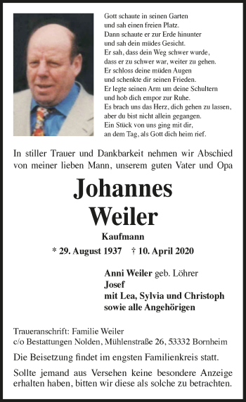 Anzeige von Johannes Weiler von  Schaufenster/Blickpunkt 