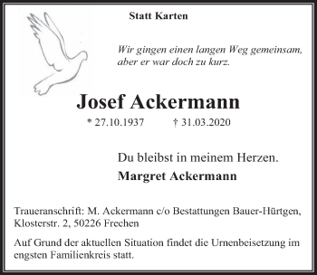 Anzeige von Josef Ackermann von  Wochenende 