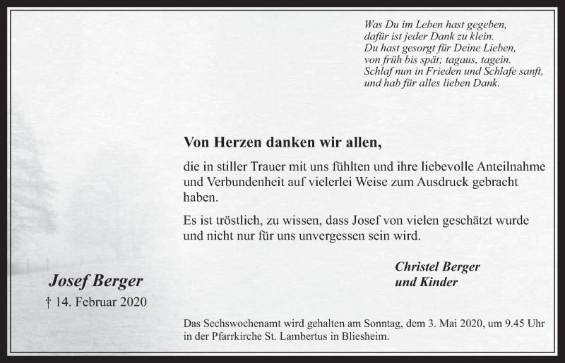  Traueranzeige für Josef Berger vom 24.04.2020 aus  Werbepost 