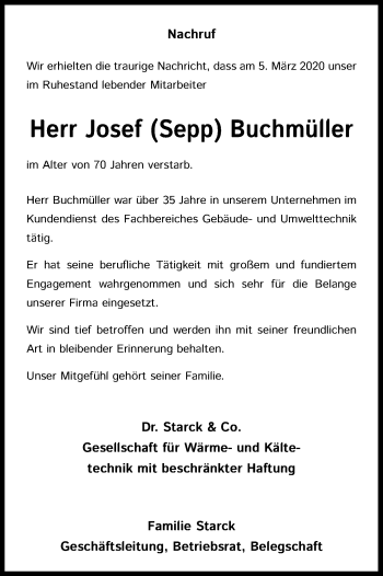 Anzeige von Josef  Buchmüller von Kölner Stadt-Anzeiger / Kölnische Rundschau / Express