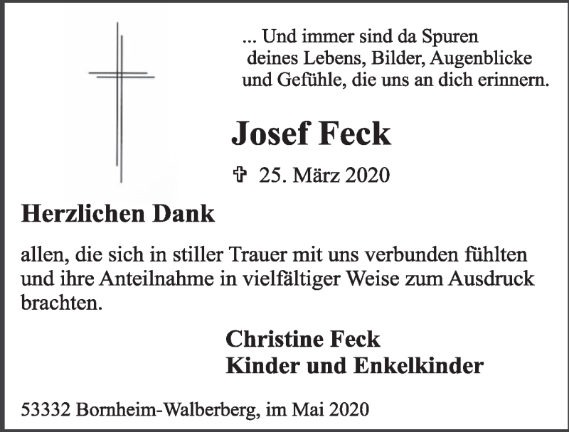  Traueranzeige für Josef Feck vom 30.04.2020 aus  Schlossbote/Werbekurier 