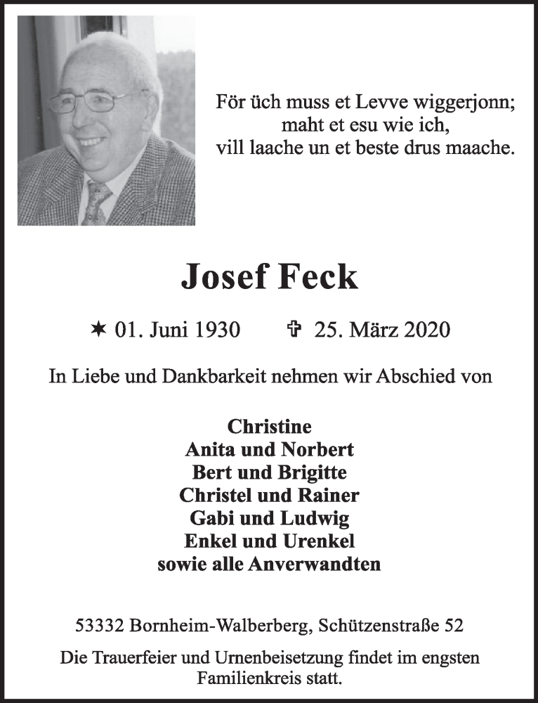  Traueranzeige für Josef Feck vom 03.04.2020 aus  Schlossbote/Werbekurier 