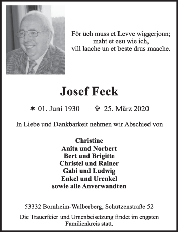 Anzeige von Josef Feck von  Schlossbote/Werbekurier 
