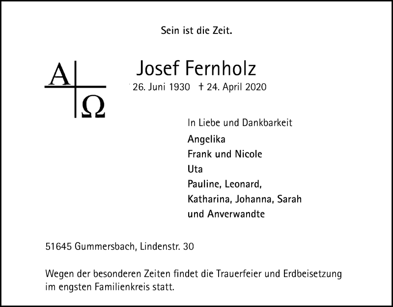  Traueranzeige für Josef Fernholz vom 30.04.2020 aus Kölner Stadt-Anzeiger / Kölnische Rundschau / Express