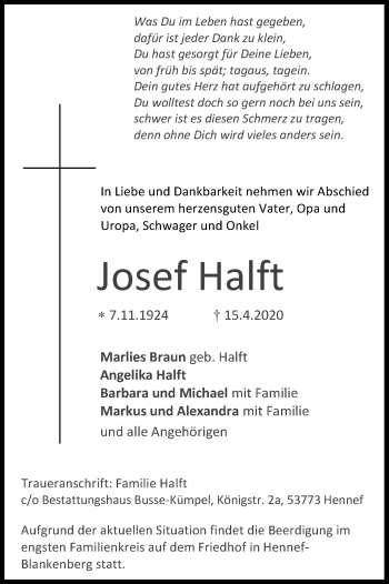 Anzeige von Josef Halft von Kölner Stadt-Anzeiger / Kölnische Rundschau / Express