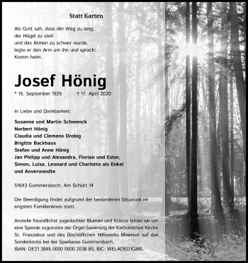 Anzeige von Josef Hönig von Kölner Stadt-Anzeiger / Kölnische Rundschau / Express