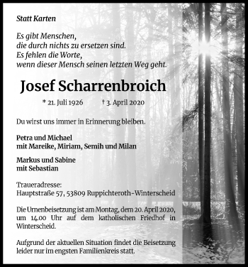 Anzeige von Josef Scharrenbroich von Kölner Stadt-Anzeiger / Kölnische Rundschau / Express