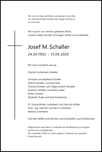 Anzeige von Josef M. Schaller von Kölner Stadt-Anzeiger / Kölnische Rundschau / Express