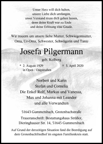 Anzeige von Josefa Pilgermann von Kölner Stadt-Anzeiger / Kölnische Rundschau / Express