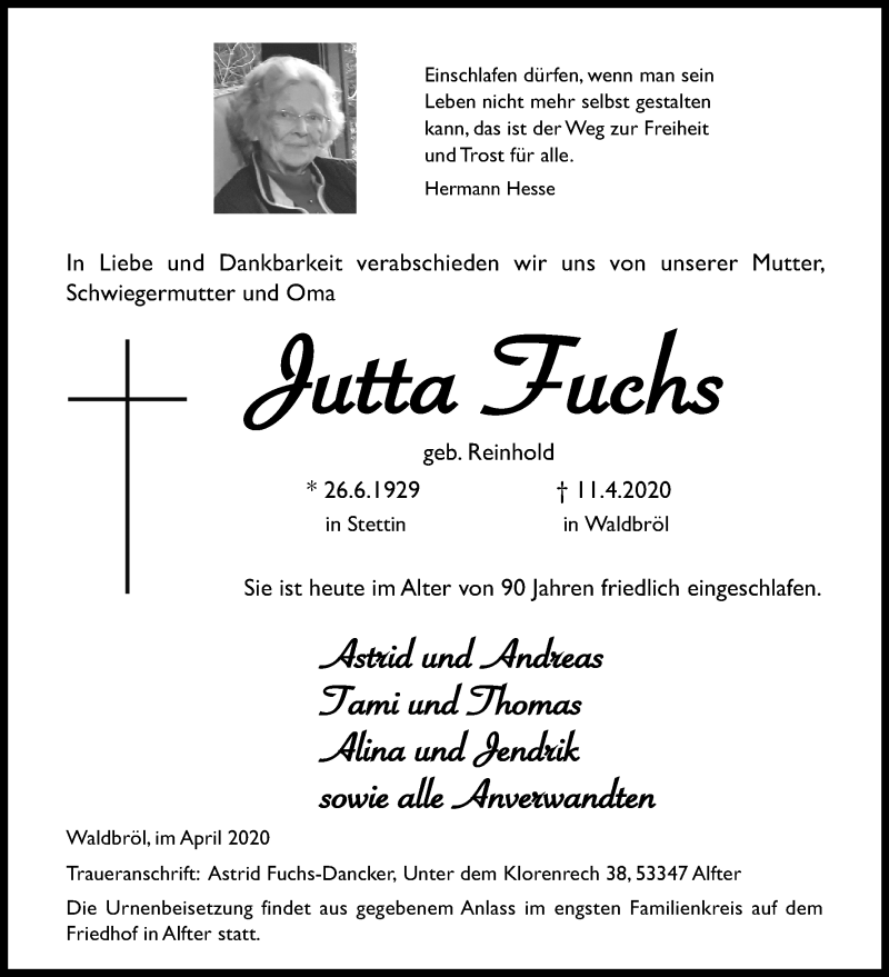  Traueranzeige für Jutta Fuchs vom 18.04.2020 aus Kölner Stadt-Anzeiger / Kölnische Rundschau / Express