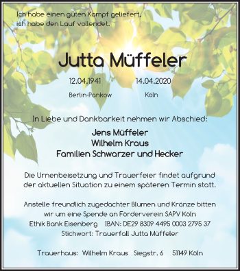 Anzeige von Jutta Müffeler von Kölner Stadt-Anzeiger / Kölnische Rundschau / Express